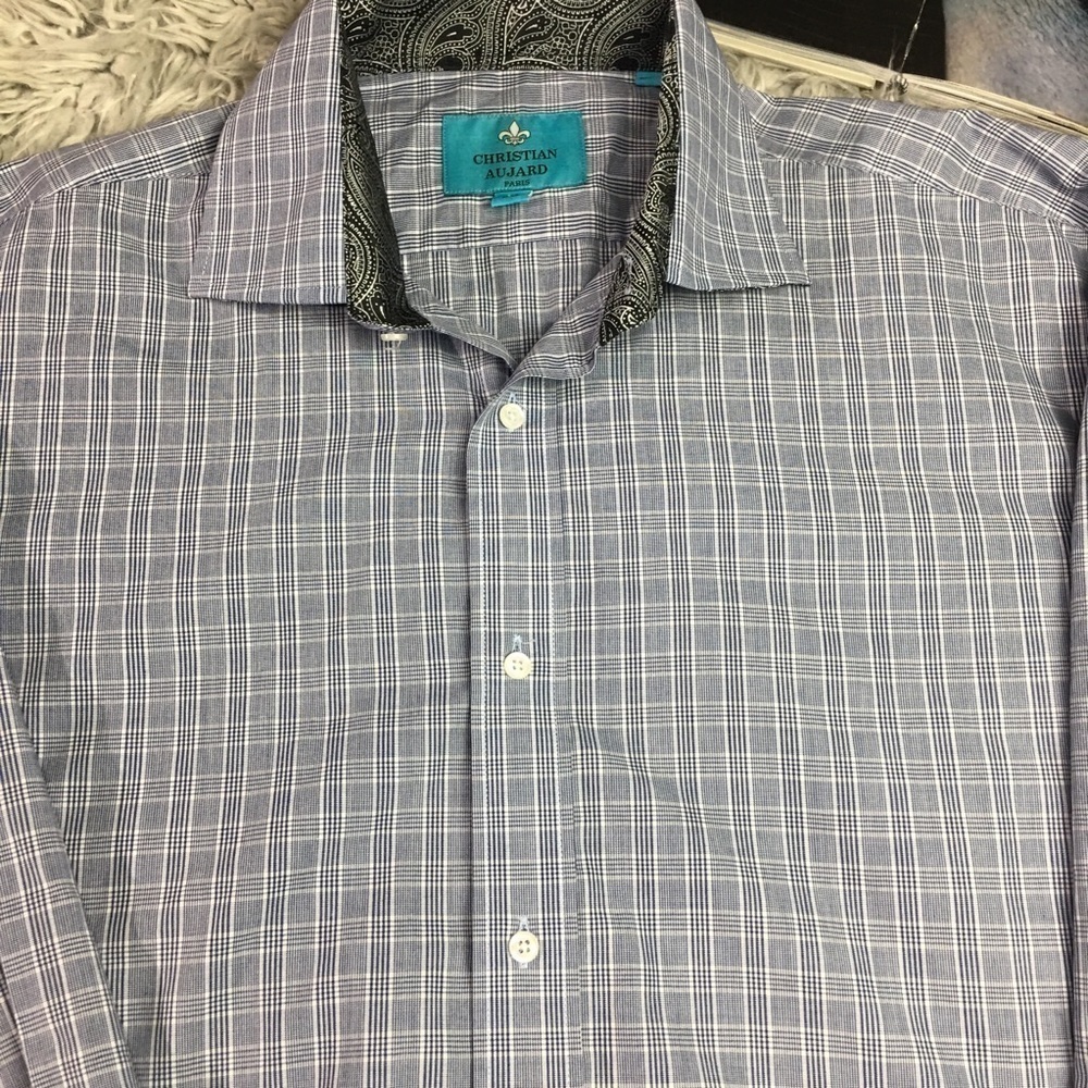Christian Aujard Paris Shirt Mens XXL Blue Gray Check Paisley Flip Cuff